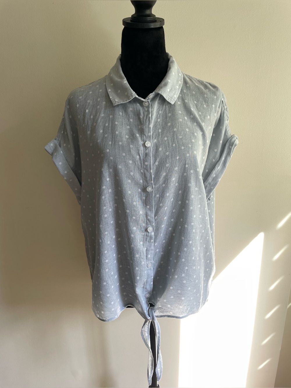 Jachs Girlfriend Linen Blend Tie Front Polka Dot Shirt Blue L Relaxed